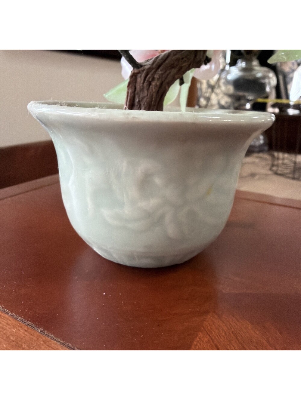 Vintage Chinese Jade Glass Bonsai Tree Pink Cherry Blossom 8” Flower Celadon Pot - Picture 4 of 10